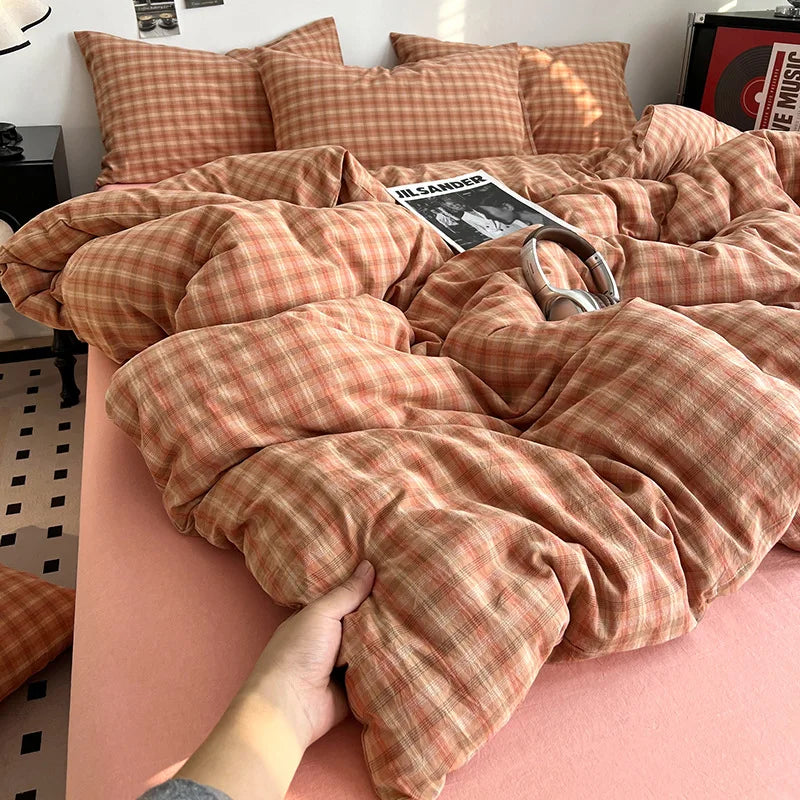 Korean Princess Plaid Duvet Cover Bed Sheet Pillowcases Set Bedding Set