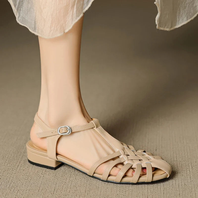 leather cowhide midsole hollow breathable elastic buckle retro toe Roman Shoes