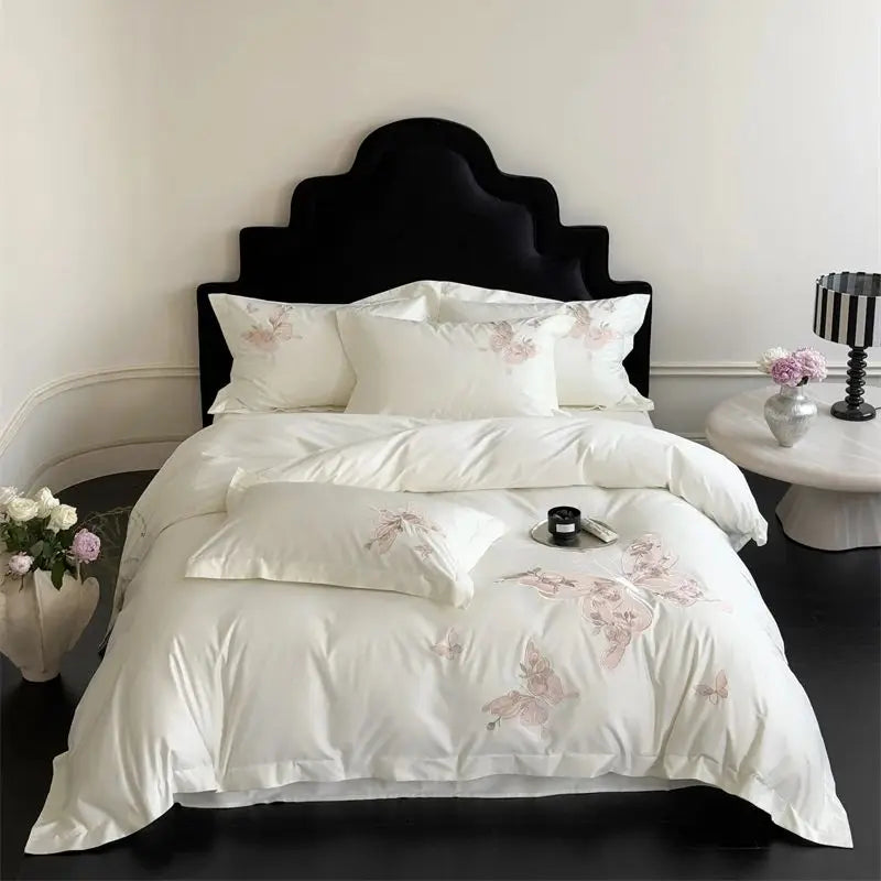 Premium 1000TC Egyptian Cotton Luxury Butterfly Embroidery White Bedding Set