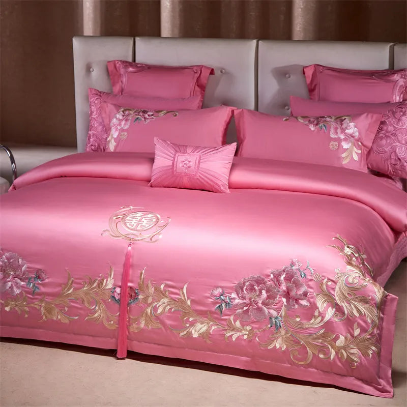 Luxury Chinese Style Wedding Flowers Embroidery Rose Pink Bedding Set