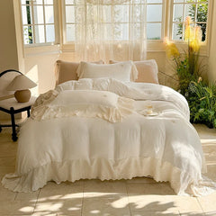 Vintage French Lace Ruffles 100% Cotton Double Yarn Soft Comfortable Bedding Set