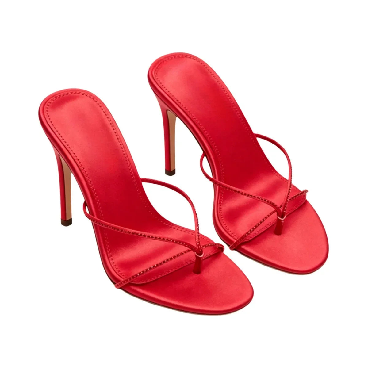 Red Fine ribbon Pinch toe Slippers Round toe pull-on Super high Heel