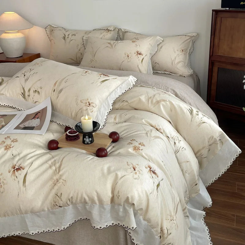 Vintage Floral Print Lace Luxury Bedding Set