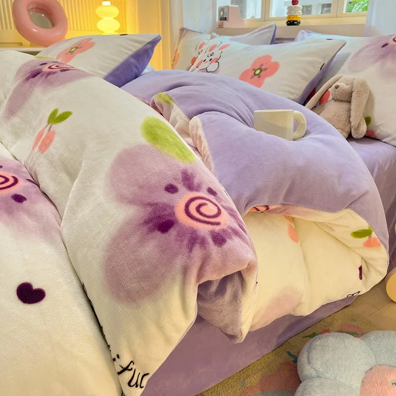Cute Cartoon Winter Warm Quilt Cover Set Queen Bedding Set