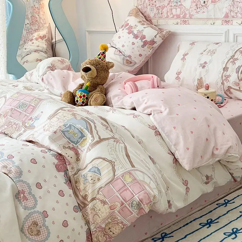 Ins Bear Duvet Cover Set with Zipper Fashion Girls Boys Kids Flat Bed Sheet Pillowcases No Filler Single Queen Size Bedding Set