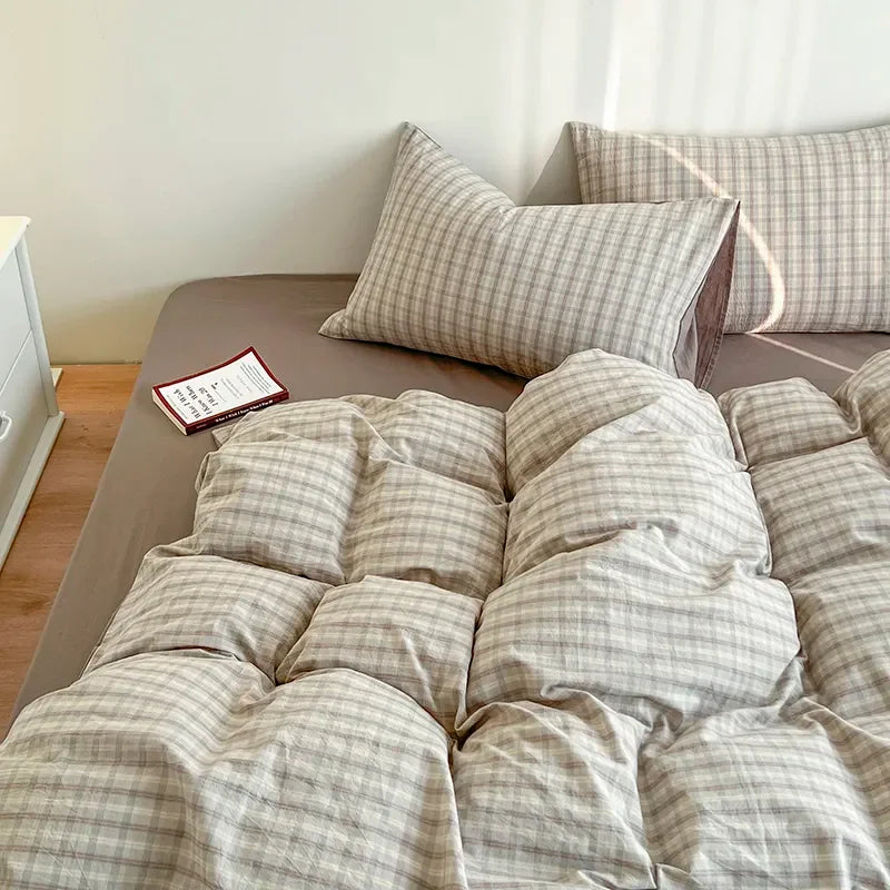 Ins Pink Plaid Bedding Set