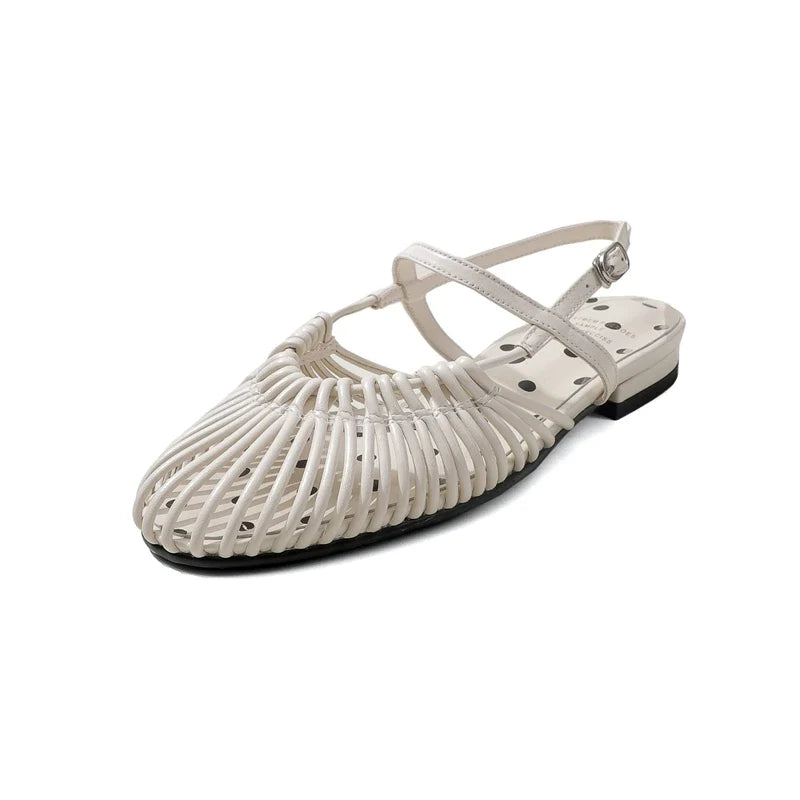 leather cowhide round toe hollow out comfortable breathable loose grip low Heel