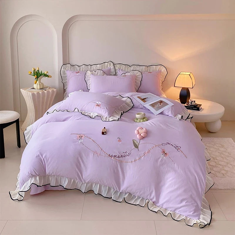 3/4Pcs Korean Princess Style Washed Cotton Three-Dimensional Flower Embroidery Lace Pink Beddings Sets Full Ruffle Duvet Cover