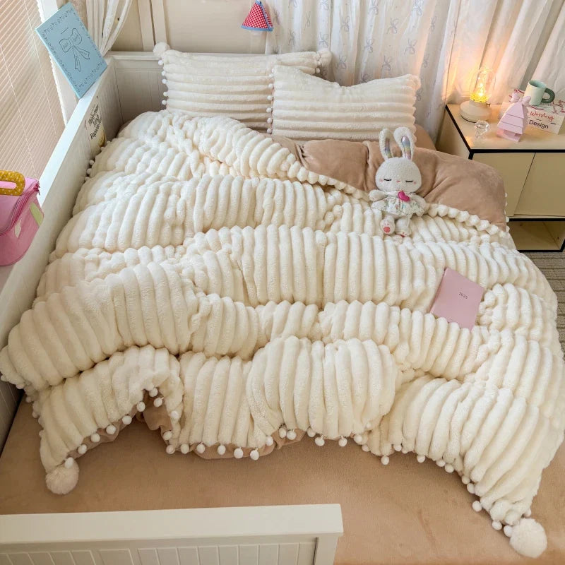 Striped Fluffy Milk Velvet Soft With Cute Pompoms Bedding Set