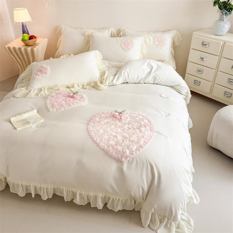 3/4Pcs French Princess Style Washed Cotton Embroidered Pink Rose Bed Skirt Fitted Sheet 200X230 Quilt Cover Bedding Set