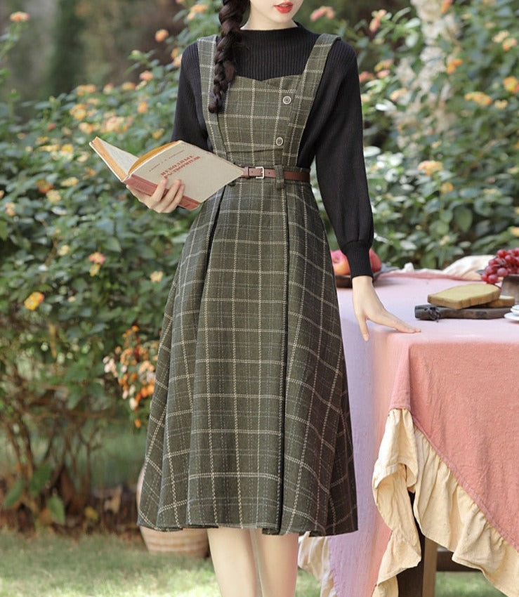 Conjunto de 2 piezas de vestido de lana a cuadros de la Academia oscura de Forest Witch