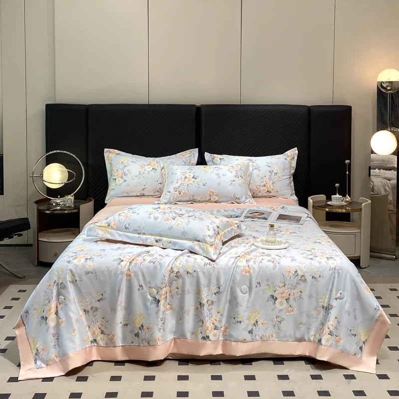 Summer Printed Quilt Set with Pillowcase Washed Cotton Bedding Set
