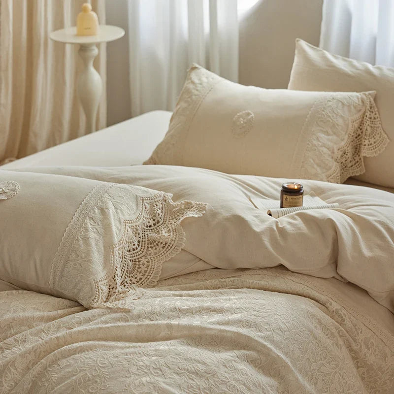 20% Linen And 80% Cotton Vintage Hollow Lace Embroidery Patchwork Bedding Set