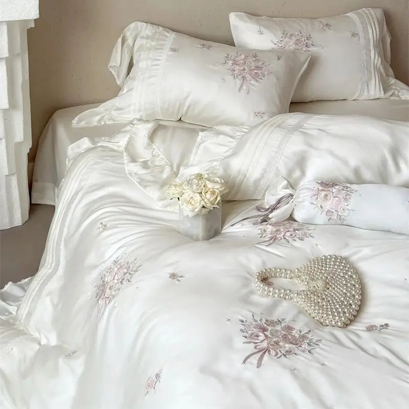 Flowers Embroidery Ruffles Princess Wedding Bedding Set