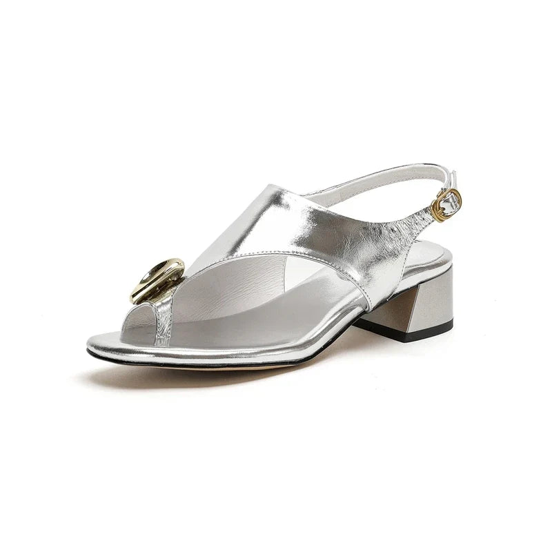 Leather Cowhide Round Toe Rhinestone Clip Toe Loose Grip Open Toe Mid Heel