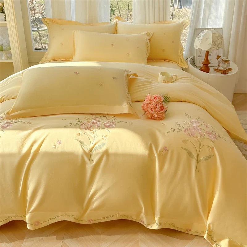 Floral Embroidery 100% Cotton Luxury Bedding Set