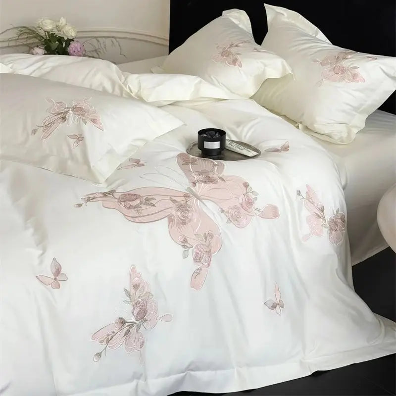 Premium 1000TC Egyptian Cotton Luxury Butterfly Embroidery White Bedding Set