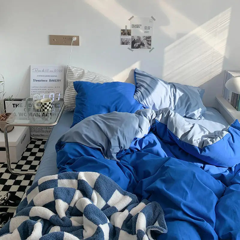 Solid Duvet Cover Set with Sheet Pillowcases Korean Comforter Cover Bed Linen Twin Full Queen Size Grid Home Bedding Set