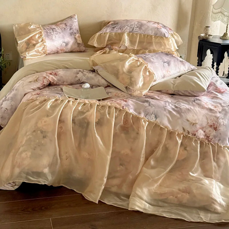 3/4Pcs French Princess Style Tencel Cotton Ice Silk Summer Cooling Comforter Set Blue Print Ruffle Bedding Set