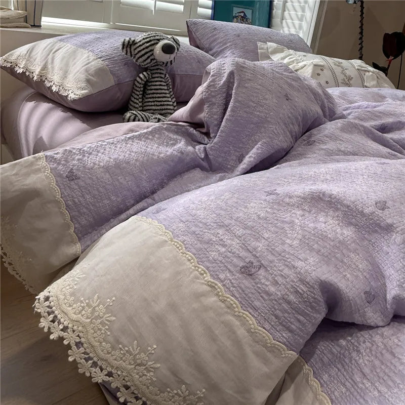 3/4Pcs Korean Princess Style Floral Ruffles Soft Bedding Set