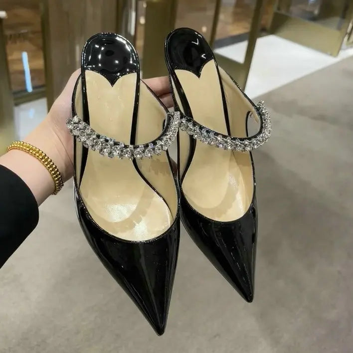 Luxury Rhinestone Patent Leather Bao Head Half Slippers European High Heels
