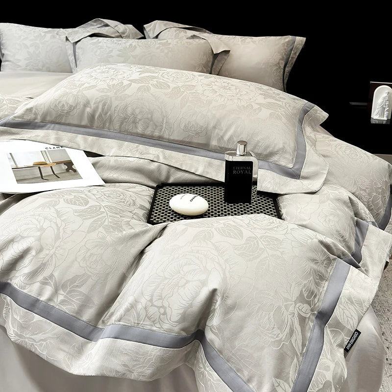 600TC Egyptian Cotton Flowers Jacquard Luxury Queen King Size Bedding Set