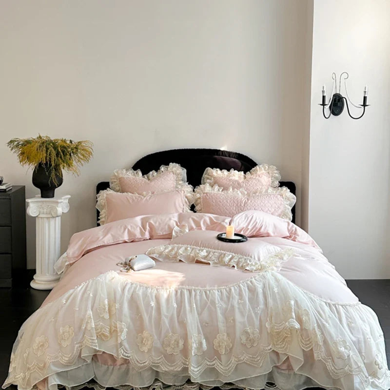 4Pcs Pink Romantic Lace Ruffles Princess Wedding Bedding Set