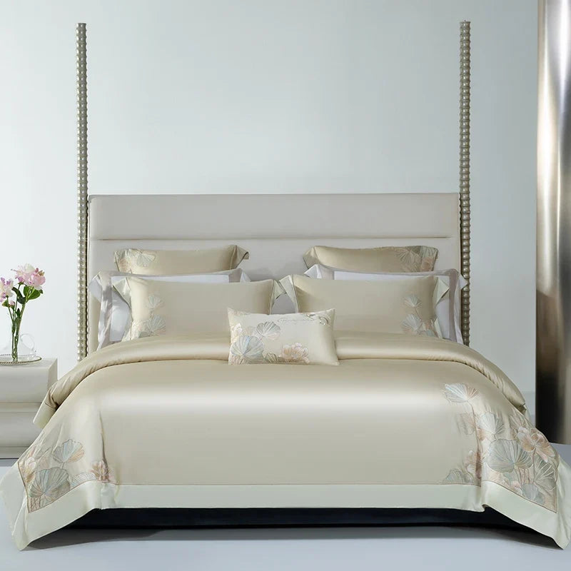 4Pcs Luxury Lotus Flowers Embroidery 1200TC Lyocell Cotton Soft Silky Bedding Set