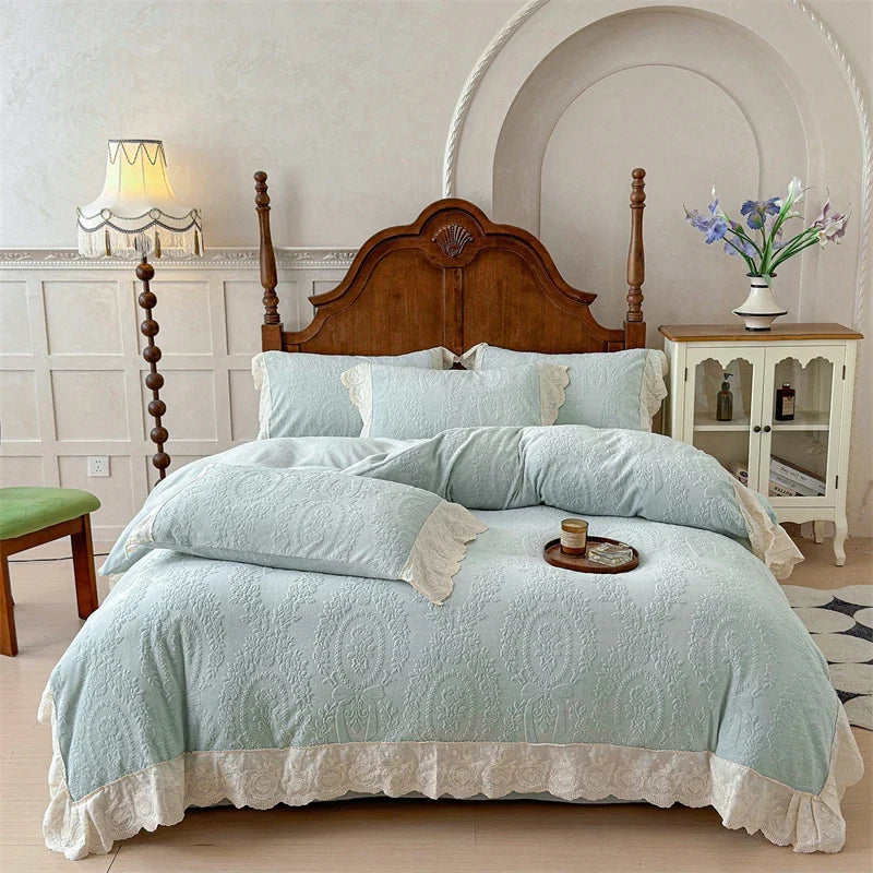 Vintage French Carved Velvet Lace Ruffles Luxury Warm Winter Pink Bedding Set