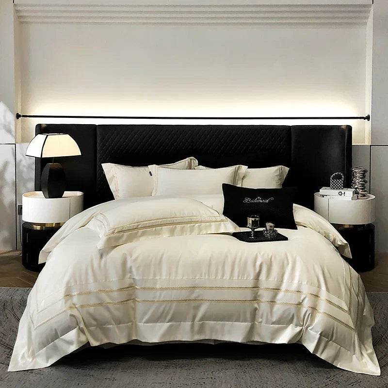 100% Cotton Luxury Embroidery Solid Color Hotel Style Bedding Set