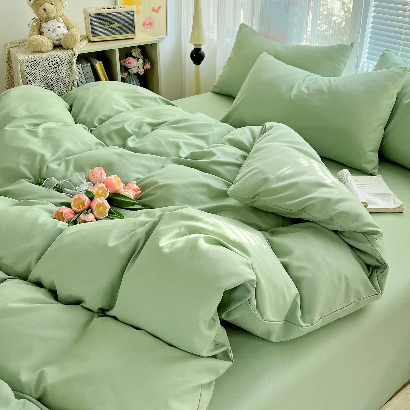 4pcs Duvet Cover Set with Sheet and Pillowcases Solid Color Bedding Set