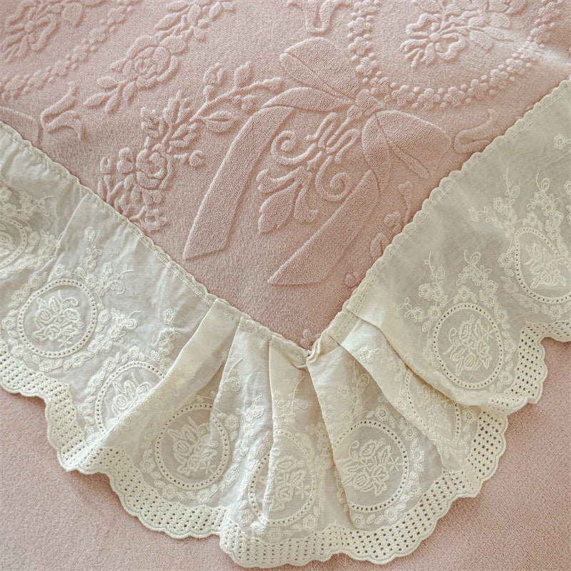Vintage French Carved Velvet Lace Ruffles Luxury Warm Winter Pink Bedding Set