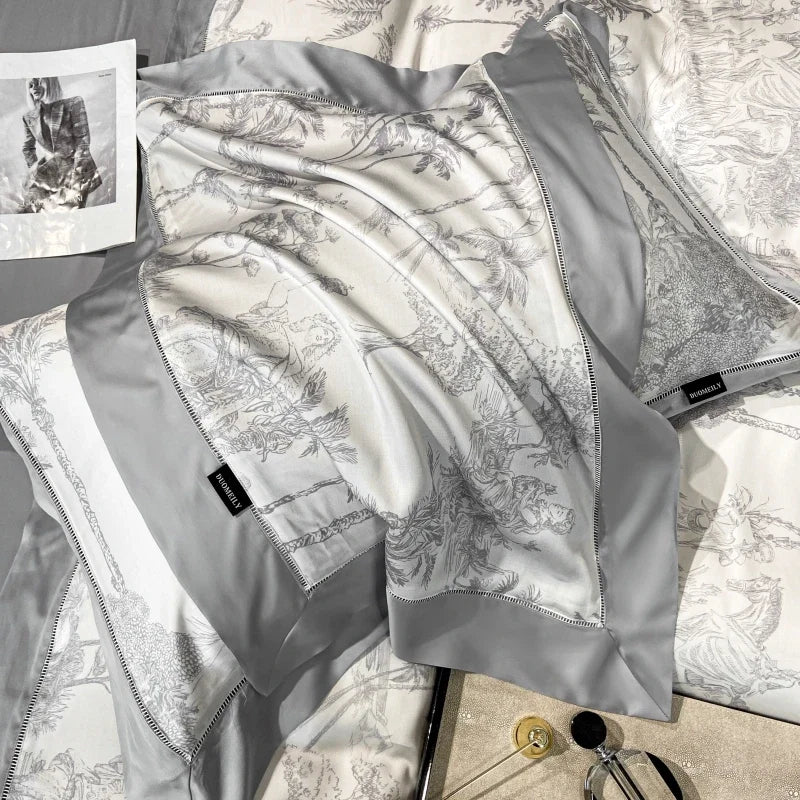 Luxury Gray Lyocell Duvet Cover Set Vintage Jungle Animal Print Bedding Set
