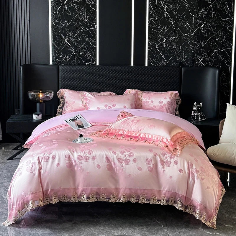 Luxury Euro Gold Satin Jacquard Lace Bedding Set
