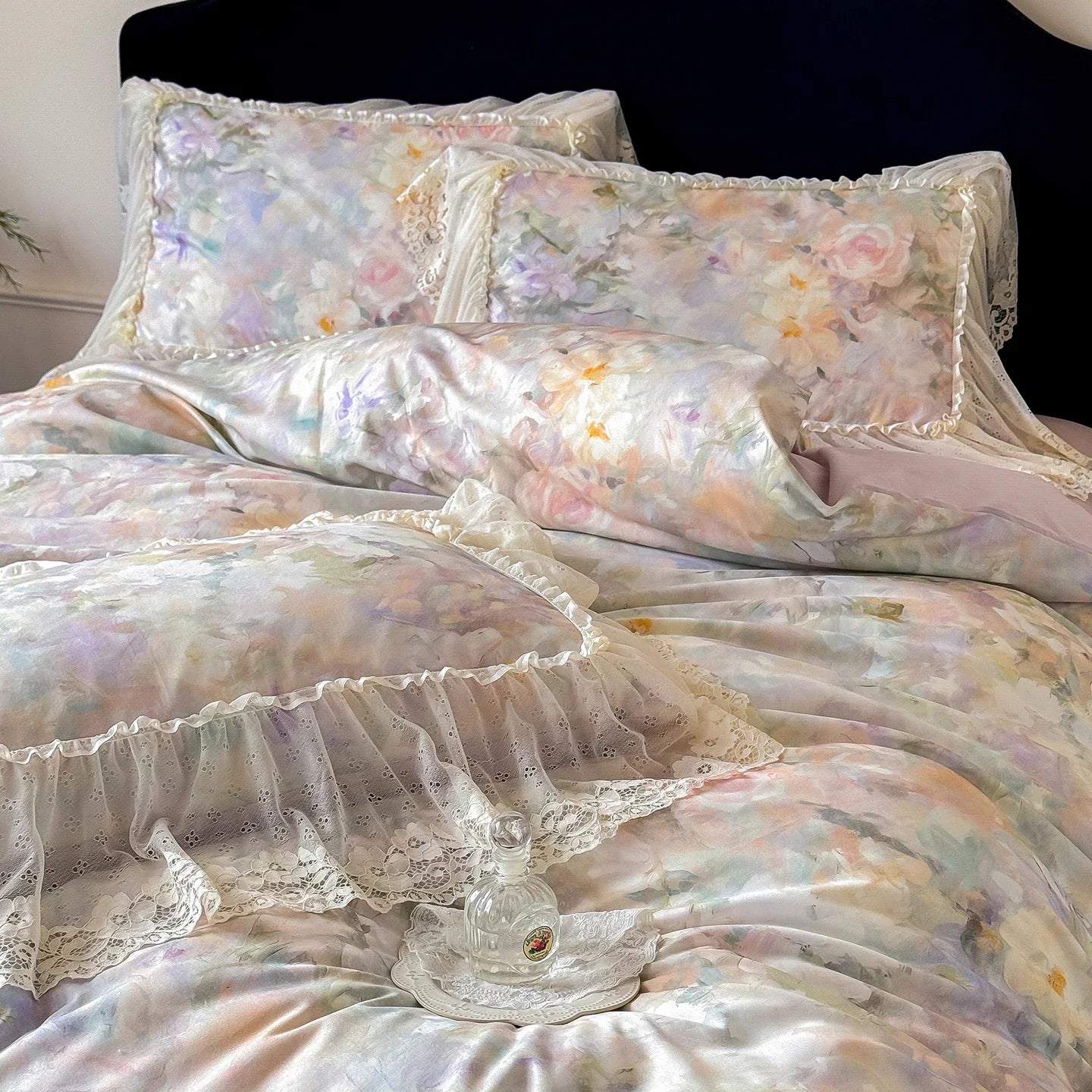 100% Cotton Lace Ruffle Bed Skirt Set Vintage Floral Print Bedding Set