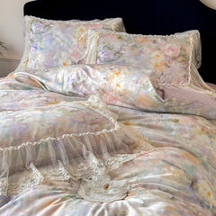 100% Cotton Lace Ruffle Bed Skirt Set Vintage Floral Print Bedding Set