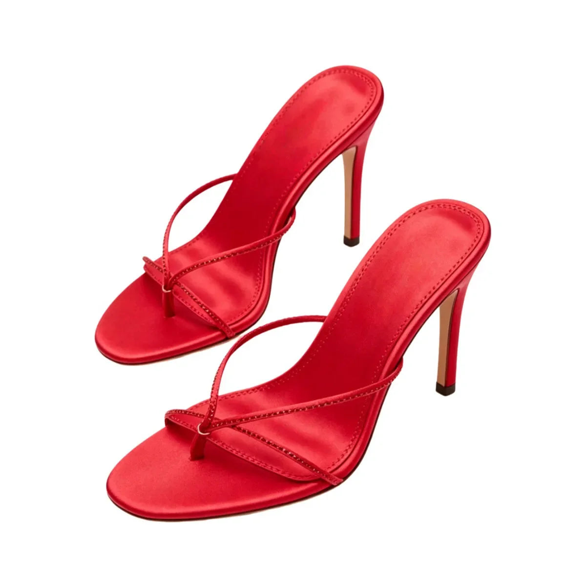 Red Fine ribbon Pinch toe Slippers Round toe pull-on Super high Heel