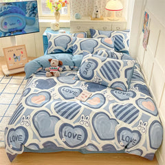 Heart Pattern 100% Cotton Duvet Cover Set with Flat Sheet or Fitted Sheet 3/4 Pcs Soft Breathable Queen King Size Bedding Set