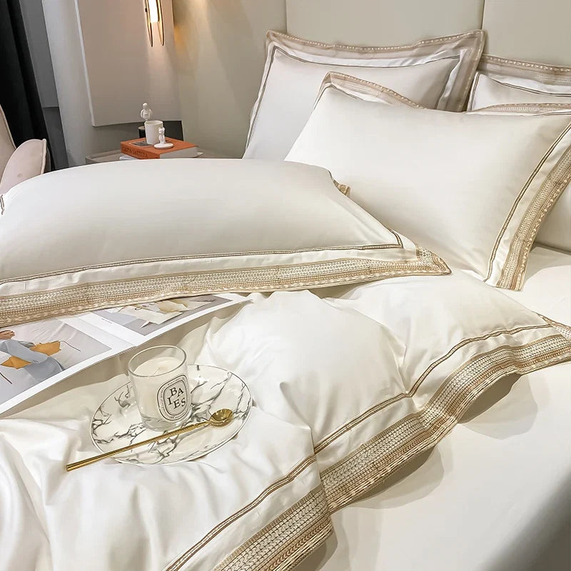 Premium 1000TC Egyptian Cotton Luxury Gold Embroidery Hotel Style Bedding Set