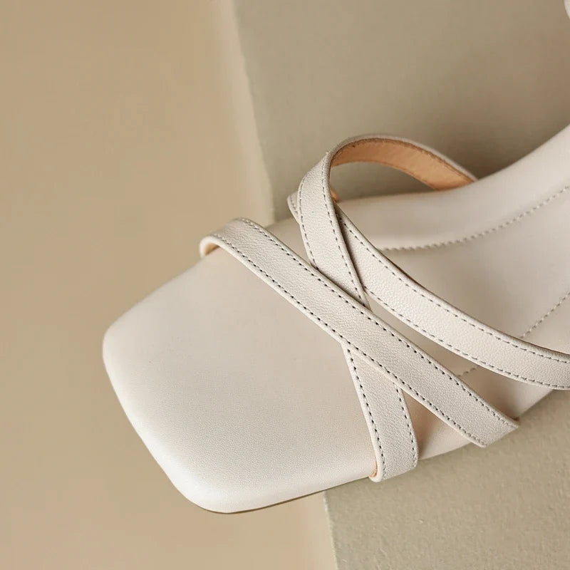 Sheepskin Square Toe Open Toe High-Heeled Thick Heel