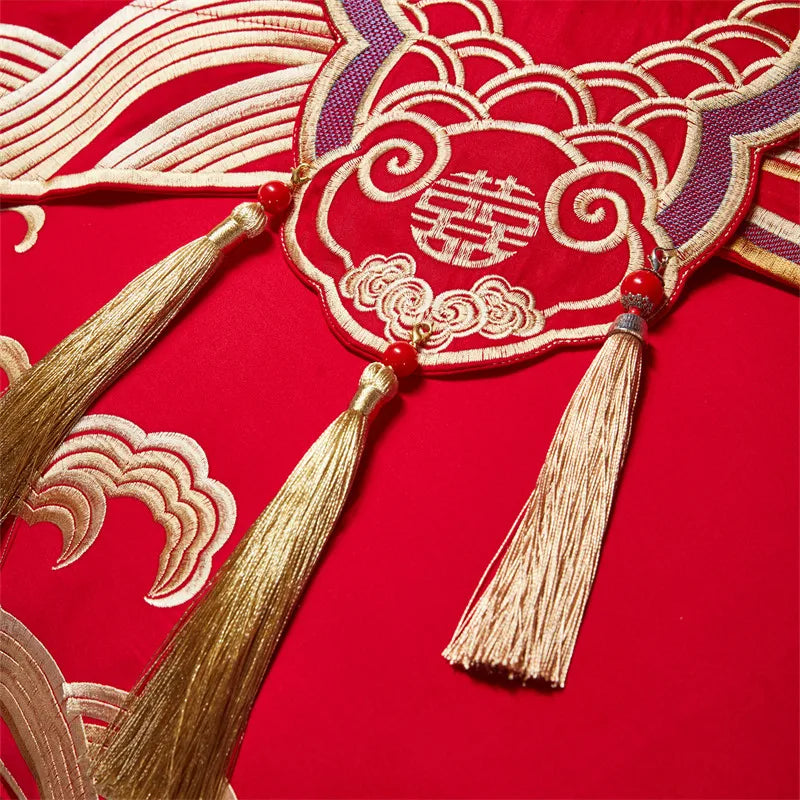 4/6/9Pcs Red Luxury Chinese Wedding Style Dragon Phoenix Embroidery Bedding Set