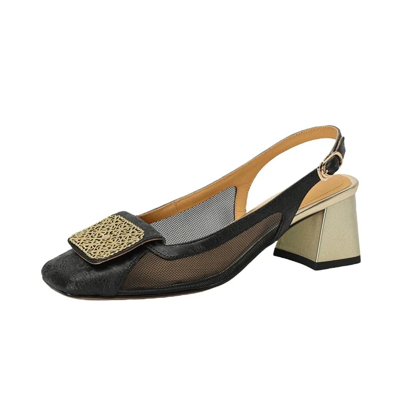 Square Head Cowhide Breathable Mesh Metal Jewelry High Heel