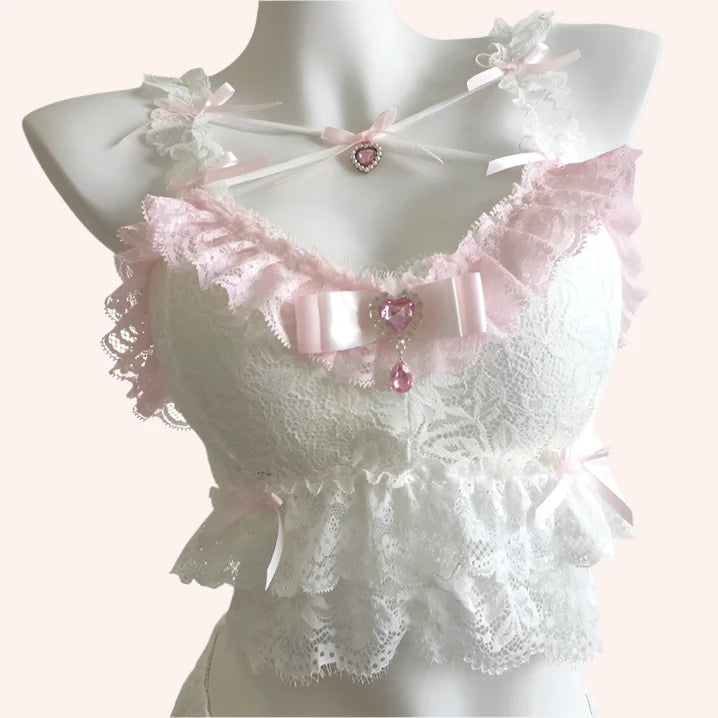 Ruffle Crystal Coquette Crop Top with Pink Crystal Heart Charm