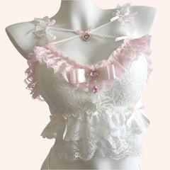 Ruffle Crystal Coquette Crop Top with Pink Crystal Heart Charm