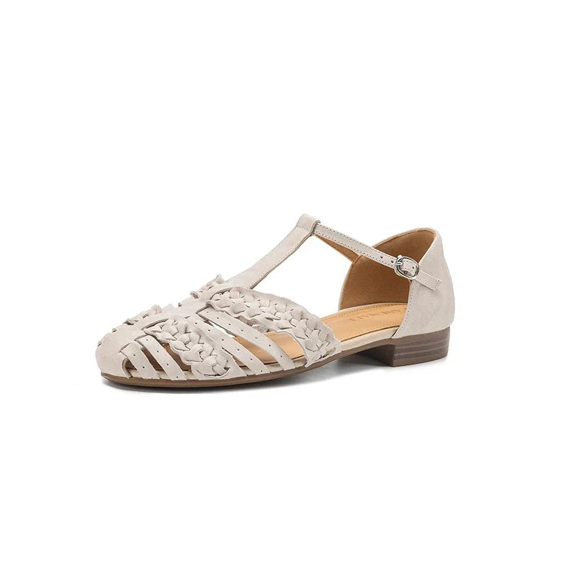 leather cowhide round toe loose grip low Heel