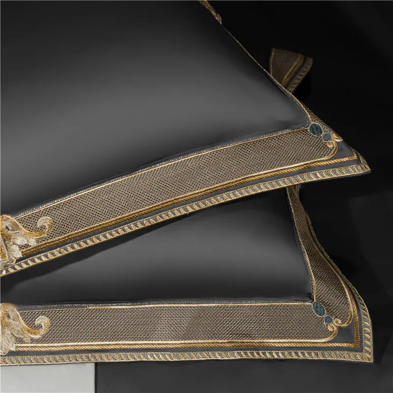 Satin 1200TC Egyptian Cotton Luxury Bedding Set, Gold Embroidery, Queen, King, Duvet Cover, Flat/Fitted Bed Sheet, Pillowcases