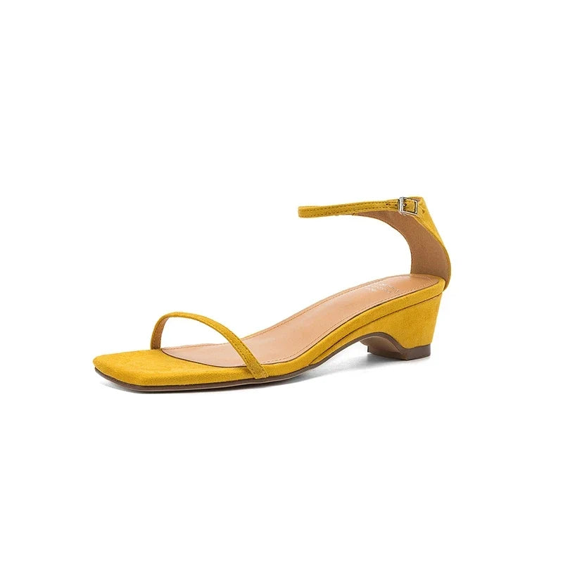 leather cowhide sheep suede square toe elastic middle Heel