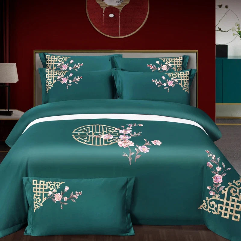 100% Cotton Luxury Oriental Golden Geometric Pattern Flowers Embroidery Bedding Set