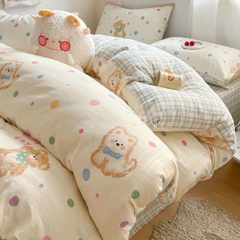 Kids Adult Duvet Cover Set with Bed Flat Sheet Pillowcases Cute Cartoon Single Queen Size Home Hotel Dormity Bedding Set