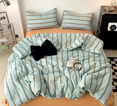 Simple Green Striped Duvet Cover Bed Sheet Pillowcase Set Full Queen King Cotton Bedding Set